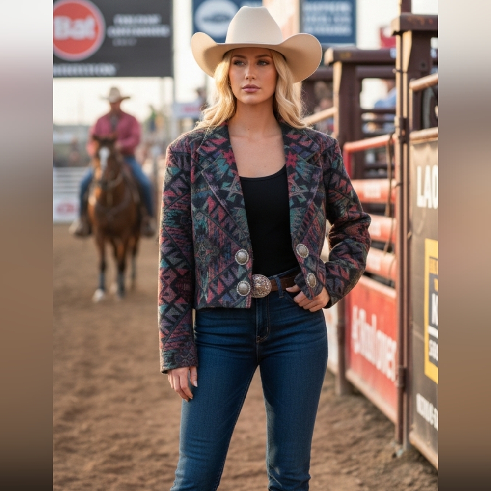 Silverado Cropped West Equestrian Aztec Pattern Woven Jacket Trailblazer Rodeo